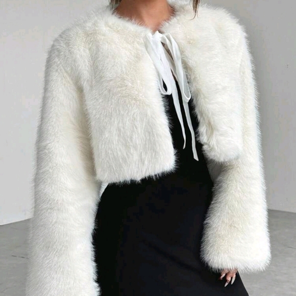 Women Solid Color Front Tie Long Sleeve Simple Casual Short Faux Fu - Picture 4 of 4